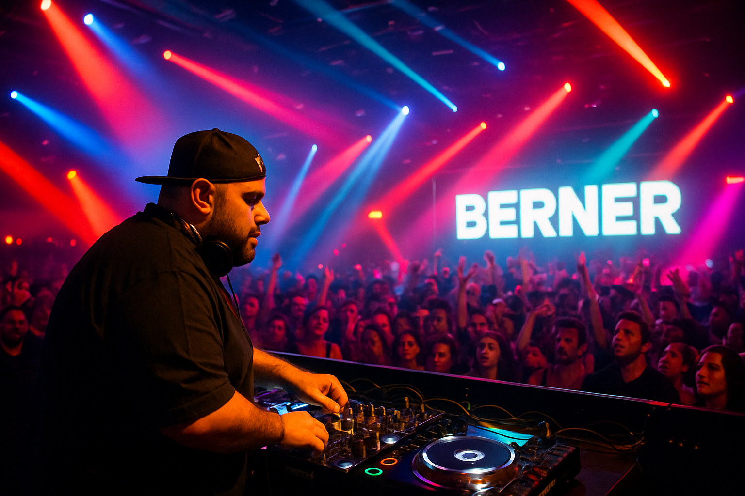 Berner Music DJ performing live at a packed nightclub with vibrant lights
