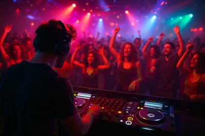 DJ spinning at a lively club event, crowd dancing